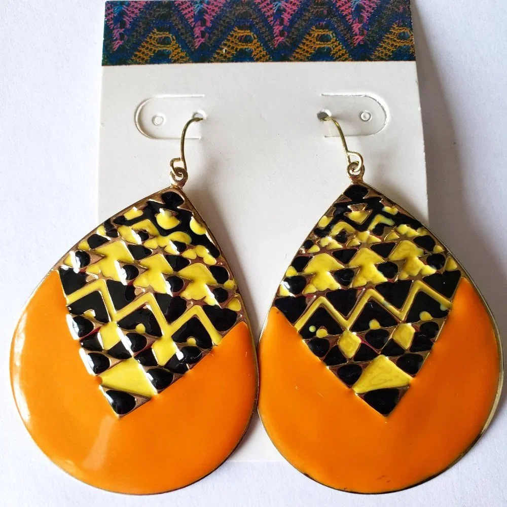 Huge Boho Tribal Orange Black Yellow Teardrop Dangle Pierced Earrings